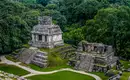 Alte Maya-Tempel umgeben von dichtem Regenwald.