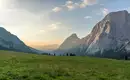 Grüne Almwiese und Berge bei Sonnenuntergang in den Alpen