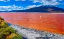 Rote Lagune Laguna Colorada mit Flamingo und Berglandschaft.