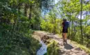 Person wandert auf einem sonnigen Waldweg entlang eines Bachs.