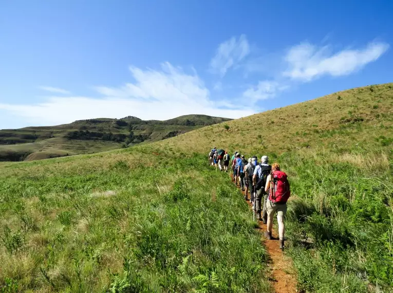 Eine Wandergruppe auf einem Pfad in Südafrikas hügeliger Berglandschaft.