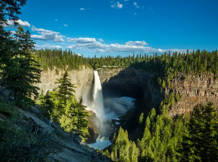 Imposanter Wasserfall im dicht bewaldeten Wells Gray Provincial Park, umgeben von felsigen Klippen.