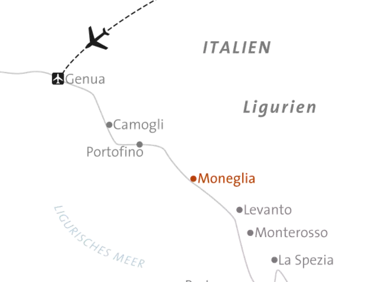 Karte zeigt die Lage von Moneglia, Portofino, Genua und anderen Orten in Ligurien, Italien.