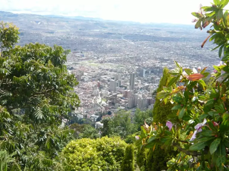 Ausblick auf Bogota von einem Berg aus, umgeben von Bäumen und Vegetation.