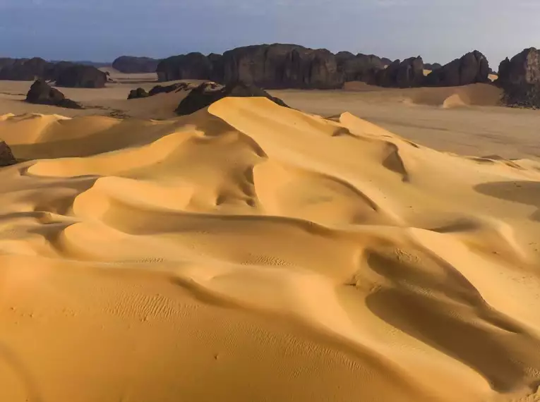 Goldene Sanddünen und zerklüftete Felsen in der Sahara.