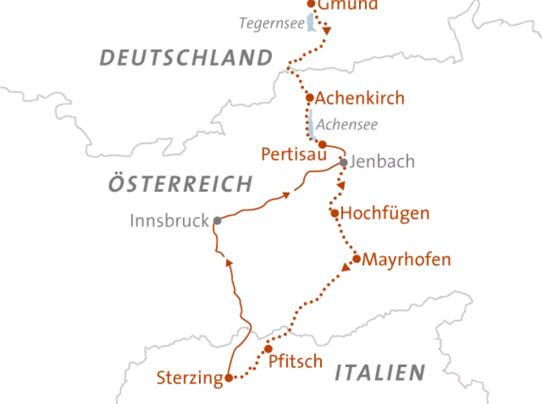 Route der Alpenüberquerung von Gmund nach Sterzing über Achenkirch, Pertisau und Pfitsch.