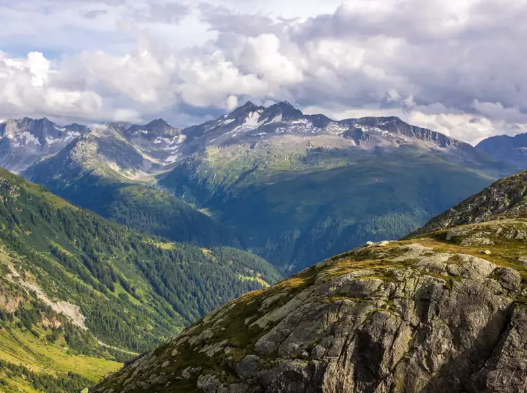 Blick auf grüne Täler und majestätische Gipfel der Schweizer Alpen.