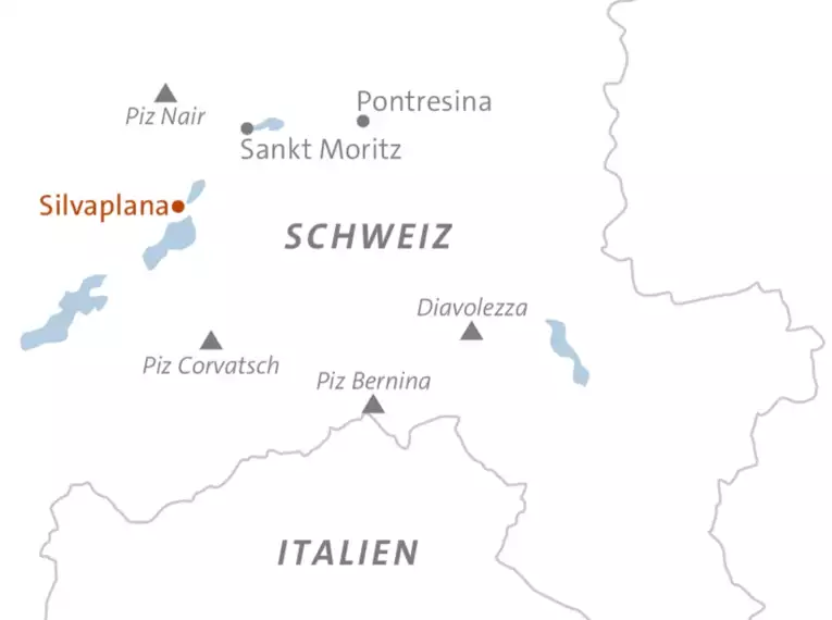 Karte der Region Oberengadin mit Silvaplana und umliegenden Bergen.