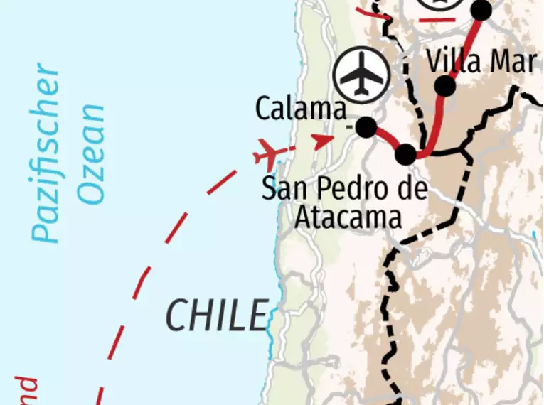 Karte der Reiseroute durch Chile, Bolivien und Peru mit Hinweisen auf bedeutende Orte wie La Paz, Atacama, Cusco und Machu Picchu.