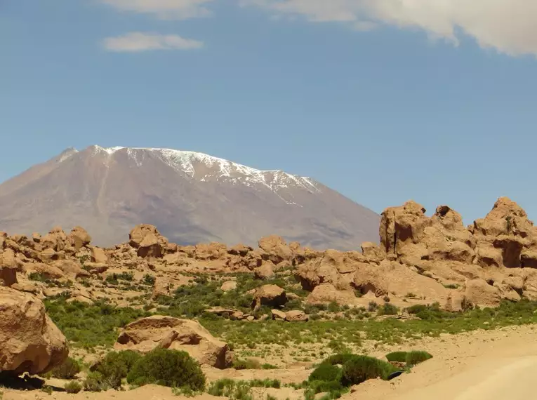 Beeindruckende Felsenlandschaft in Bolivien mit schneebedeckten Bergen im Hintergrund.