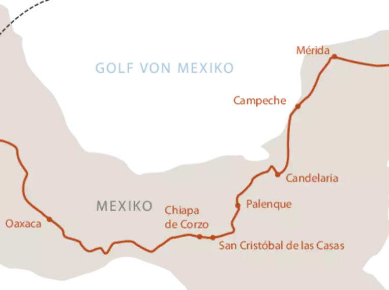 Kartengrafik der Reiseroute durch Mexiko mit Städten wie Mexico City, Oaxaca, Palenque und Cancun.