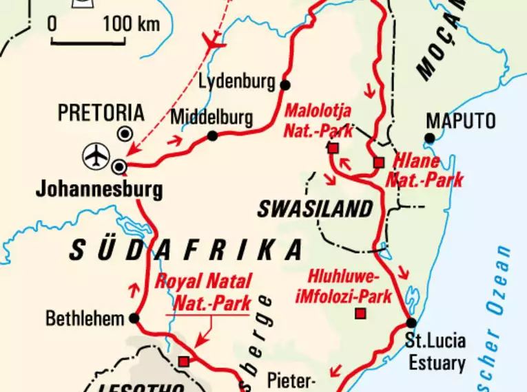 Karte zeigt die Route der Südafrika-Wildnis-Tour im Nordosten.