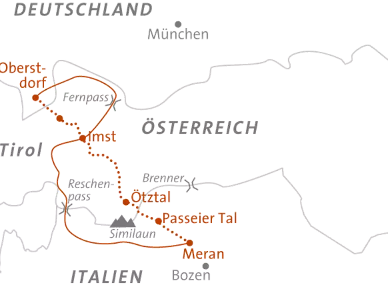 Karte zeigt die Route der Alpenüberquerung von Oberstdorf nach Meran über Tirol und Österreich.