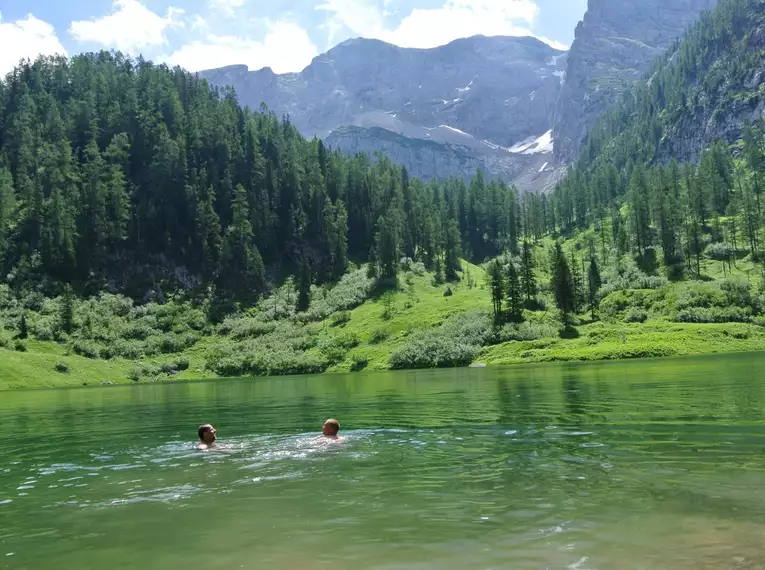 Zwei Personen schwimmen im klaren Wasser des Seeleinsees in den Berchtesgadener Alpen, umgeben von üppiger grüner Landschaft und hohen Bergen.