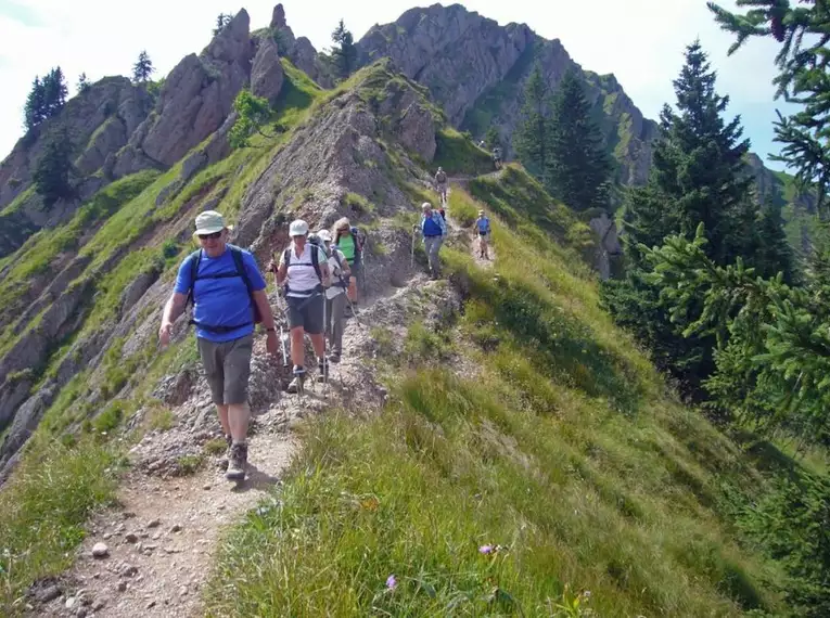 Gruppe von Wanderern auf einem Berggrat im Naturpark Nagelfluhkette.