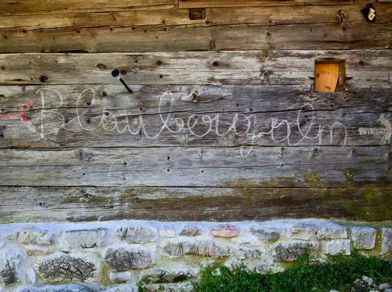 Ein rustikales Holzschild mit "Blaubergalm" eingraviert in einem alpinen Umfeld.