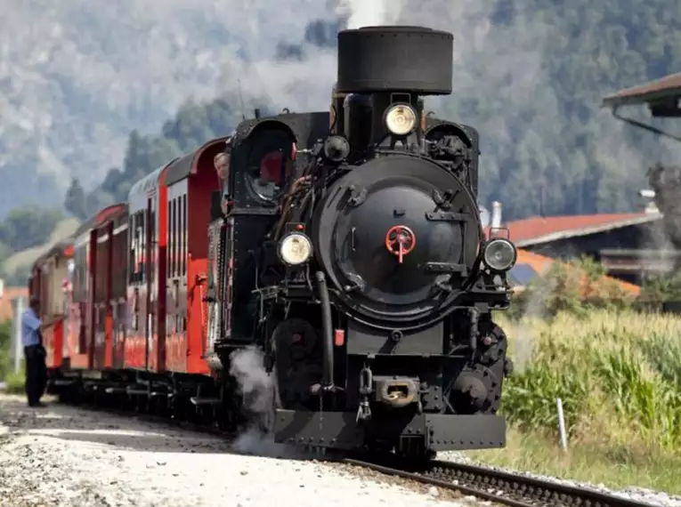 Schwarze Dampflokomotive mit roten Waggons auf einer Bahnstrecke in alpiner Landschaft.