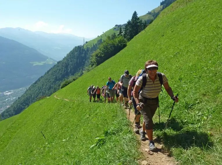 Gruppe von Wanderern auf einem grünen Pfad in den Alpen