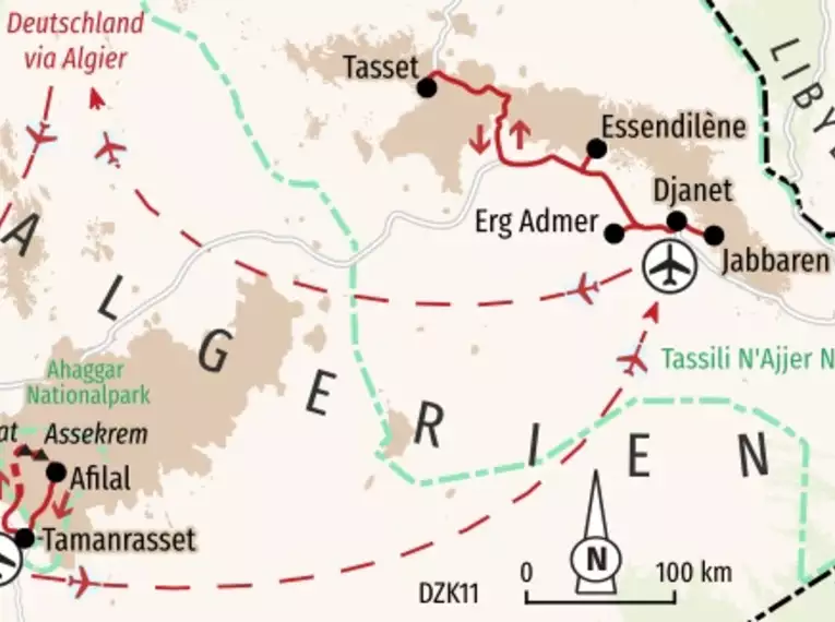 Reiseroute durch das Hoggar-Gebirge und Tassili n'Ajjer in Algerien.