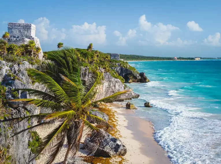 Blick auf die Küste bei Tulum mit Palmen und azurblauem Meer.