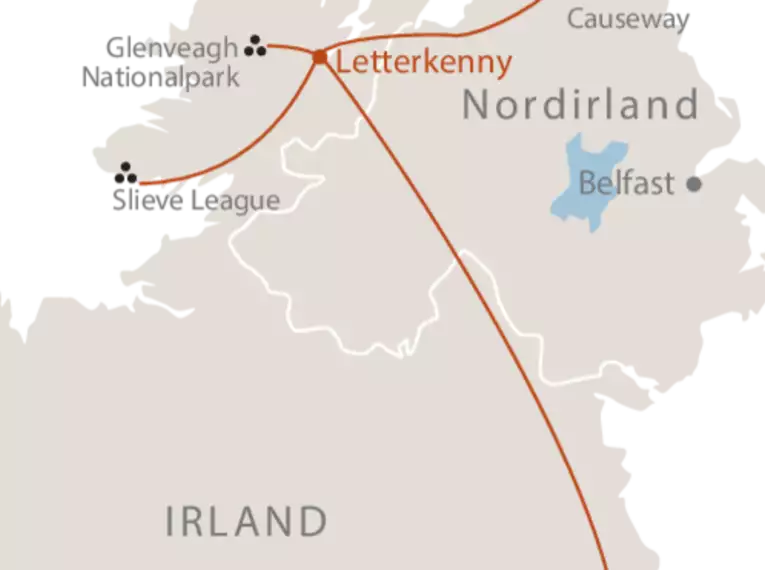 Karte zeigt die Reiseroute in Irland und Nordirland mit Letterkenny, Glenveagh Nationalpark und Belfast.