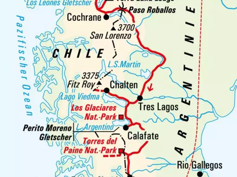 Karte zeigt Trekkingroute durch Patagonien, von Punta Arenas über Calafate bis Balmaceda, mit Nationalparks und Sehenswürdigkeiten.