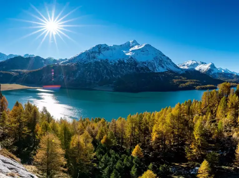 Bergpanorama mit schneebedeckten Gipfeln und blauem See im Engadin, herbstliche Bäume im Vordergrund.