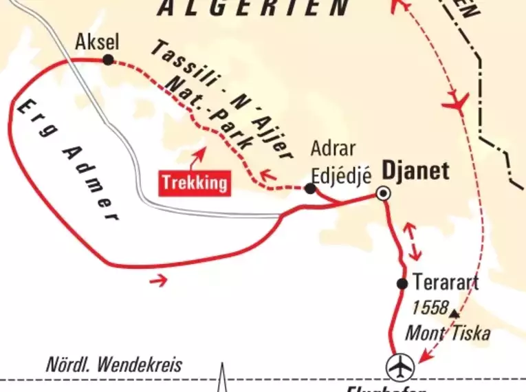 Karte zeigt Trekkingroute in Algerien von Djanet zum Erg Admer über Tasilli n'Ajjer.