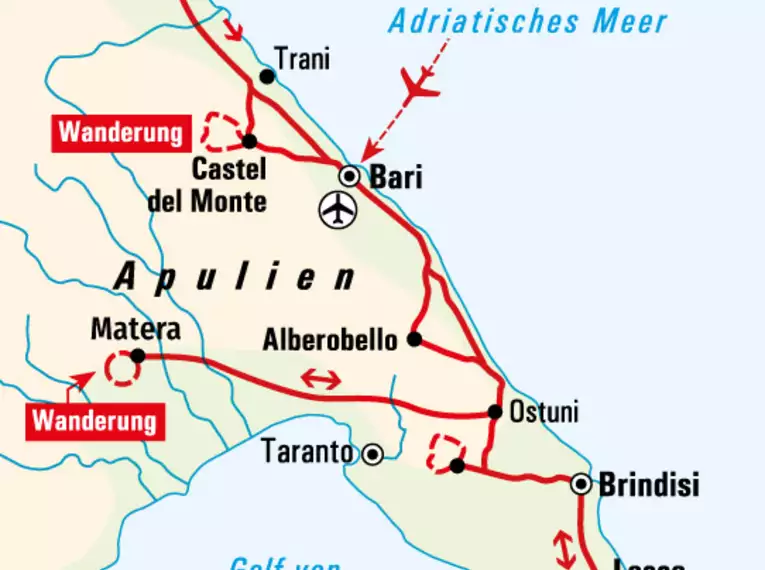 Karte der Apulien-Reise mit Wanderungen und Sehenswürdigkeiten.