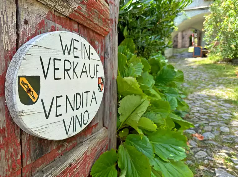 Schild mit Aufschrift 'Weinverkauf Vendita Vino' an einer Holzwand in alpiner Umgebung.