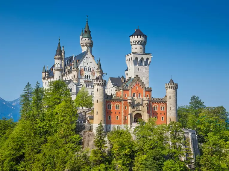 Blick auf Schloss Neuschwanstein inmitten von grünen Wäldern und blauen Himmel.