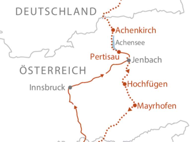 Kartendarstellung der Alpenüberquerung vom Tegernsee nach Sterzing über Achensee und Mayrhofen.