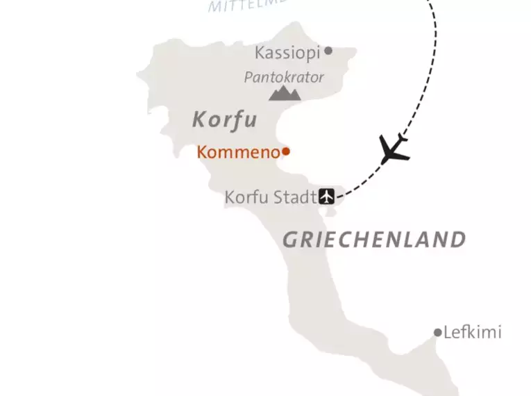 Karte von Korfu mit eingezeichneter Reiseroute durch Kommeno und Korfu Stadt.