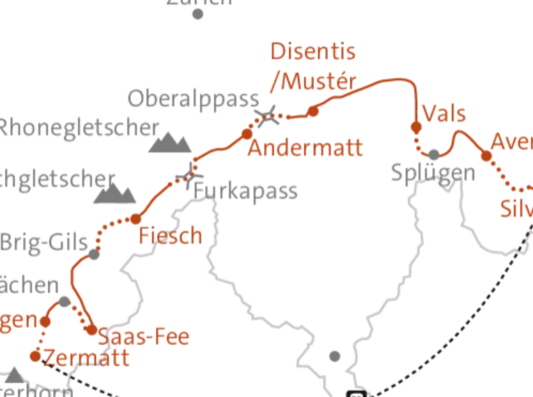 Karte der Alpenüberquerung von St. Moritz nach Zermatt mit markierten Etappen.