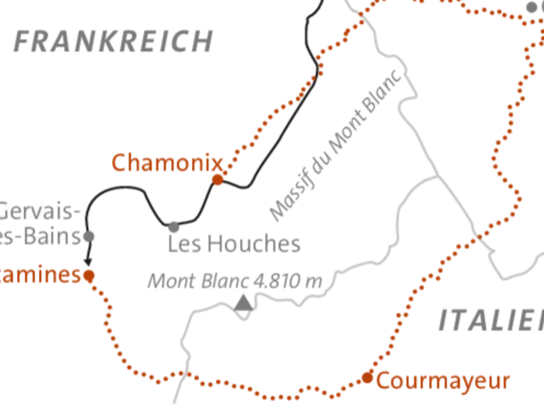 Grafische Darstellung der Tour du Mont Blanc Route durch Frankreich, Italien und die Schweiz.