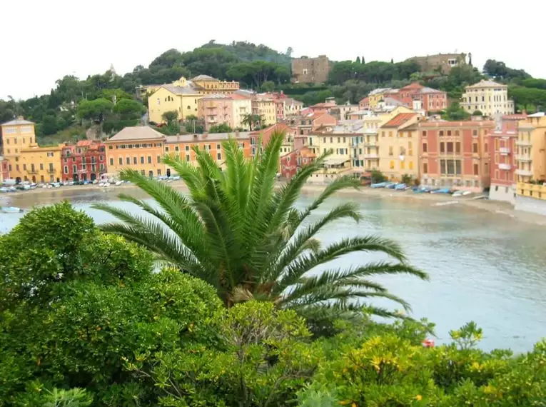 Panoramablick auf ein buntes Küstendorf in der Cinque Terre, umgeben von grüner Vegetation und Meer.