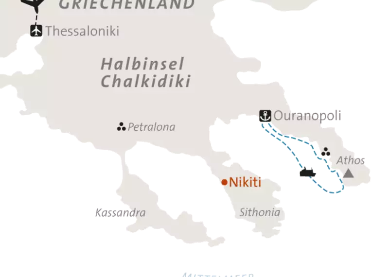 Karte der Halbinsel Chalkidiki mit Thessaloniki, Nikiti, Ouranopoli und Athos.