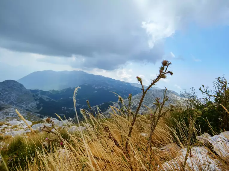 Landschaft im Biokovo-Gebirge mit Bergen und Himmel im Hintergrund.